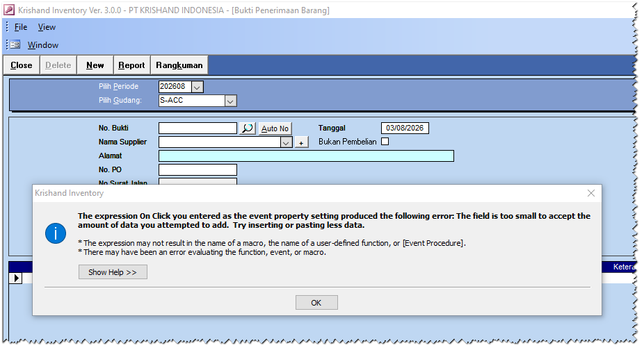 Error The field is too small to accept the amount of data you attempted to add. Try inserting or pasting less data. Error The field is too small saat klik Auto No di Krishand
