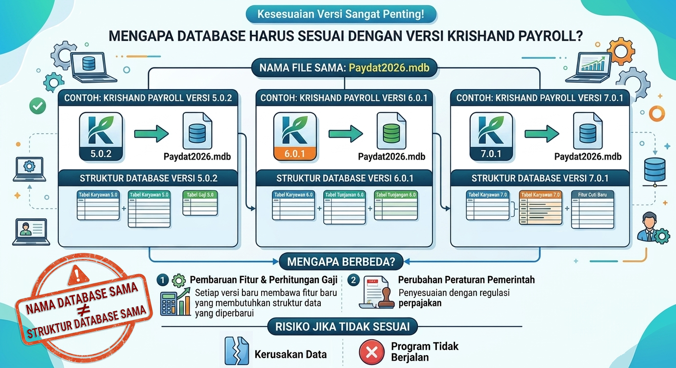 Perbedaan database Krishand Payroll berdasarkan versi meskipun nama file database sama (Paydat2026.mdb)